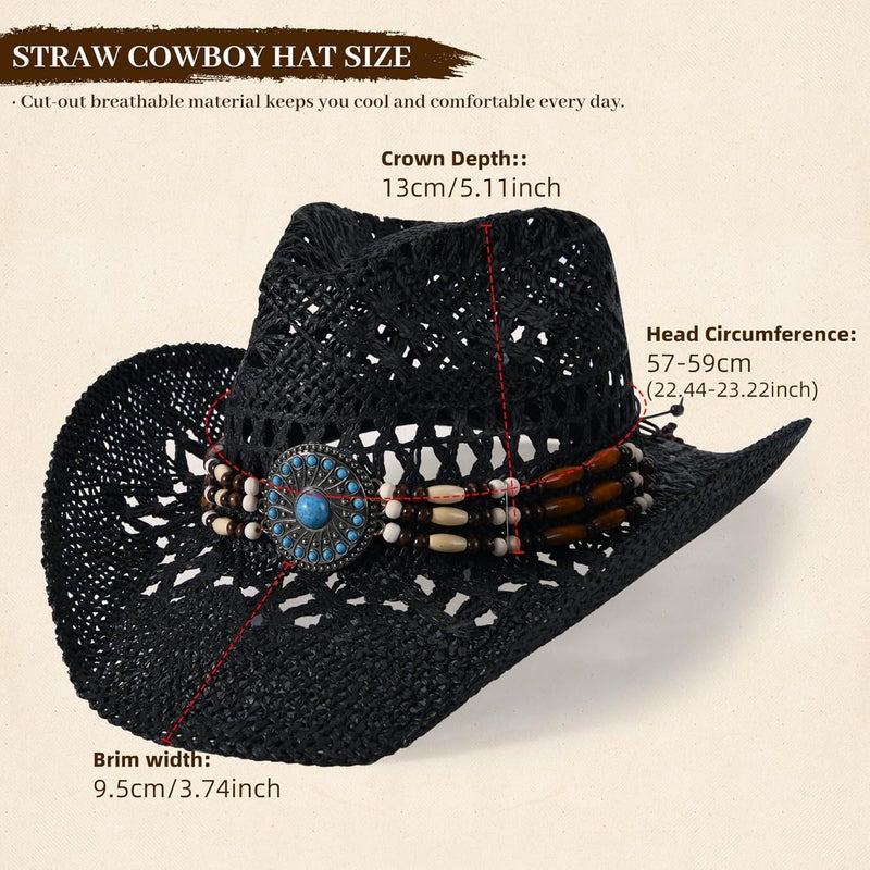 Willheoy Straw Cowboy Hat for Men Womens Straw Cowgirl Hat Summer Western Cowboy Hats with Wide Brim for Cowgirls and Cowboys - Image 3